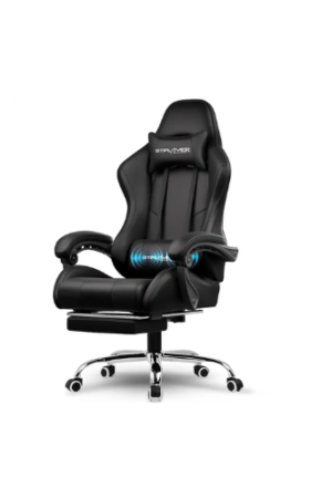 GTPlayer - Gaming Chair Faux Leather Height Adjustable Computer Chair with Footrest and Headrest - Black