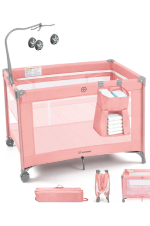 Vomeast Baby Playard Baby Bassinet,Foldable Crib Pack and Play with Toy Bar,Play Yard,0-5 Months(Pink)