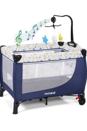 Minikid Nursery Center Playard with Bassinet Music and Toys, Baby Playpen for Newborn to Toddlers,Blue
