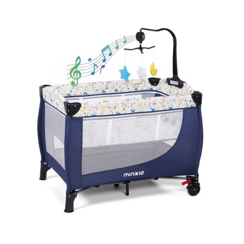 Minikid Nursery Center Playard with Bassinet Music and Toys, Baby Playpen for Newborn to Toddlers,Blue